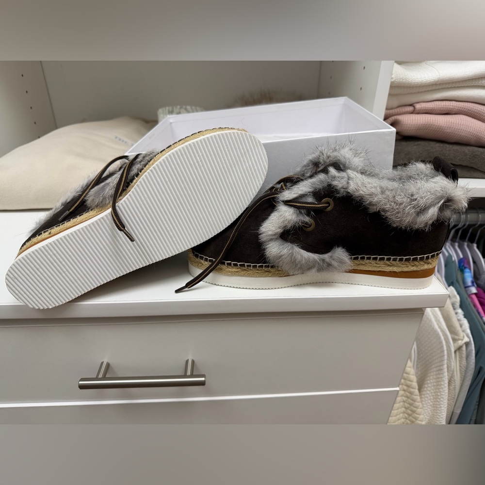 Brand new See By Chloé Glyn Rabbit fur shoes in gray.